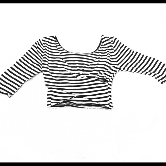 A+ Ellen Tops - 3/4th Sleeve Stripe Criss Cross Back Crop Top